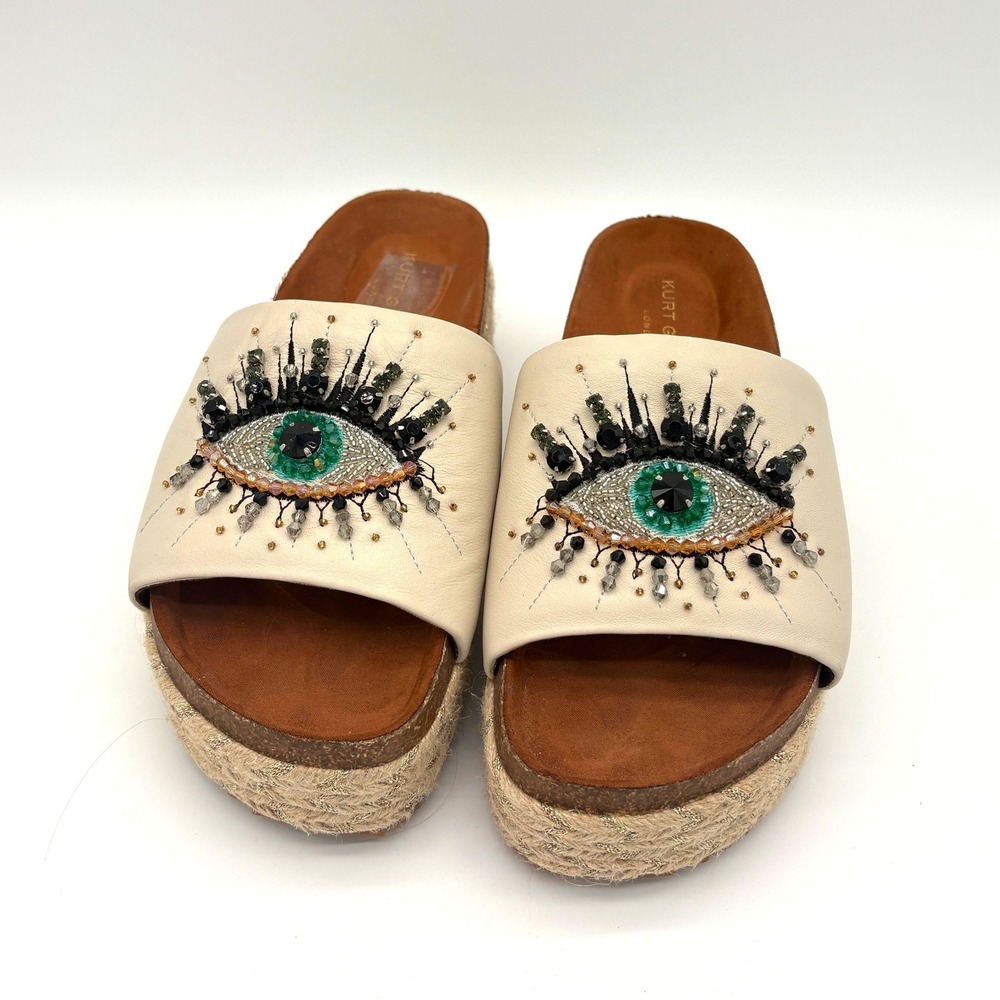 Evil Eye Beaded Platform Espadrille Slides Cream Leather Boho Summer Sandal